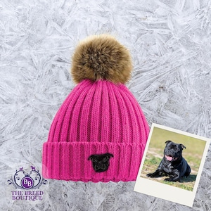 Black Staffordshire Bull Terrier Beanie Embroidered Detachable Faux Fur Pom Pom Unisex Fit Choice of 6 Colours with Gift Box Staffie Gift
