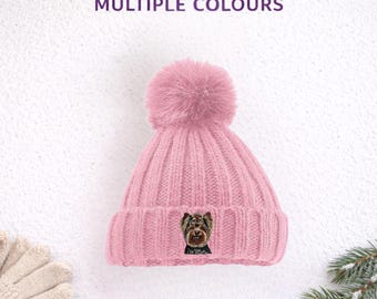 Yorkshire Terrier Embroidered Pom Pom Beanie, Unisex Dog Lover Hat with Gift Box