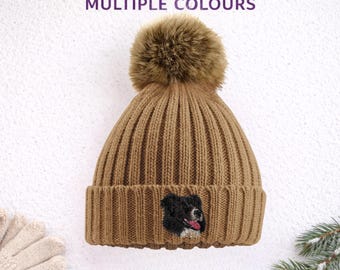 Border Collie Embroidered Beanie: Unisex, Faux Fur Pom, Gift Box