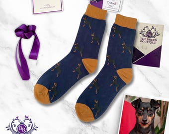 Min Pin Dog Socks, Unisex Black & Tan Miniature Pinscher Print, One Size
