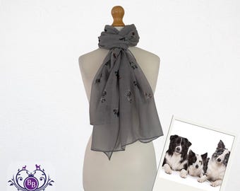 Border Collie Print Scarf, Grey with Tri and Merle Dogs (Ladies Size)