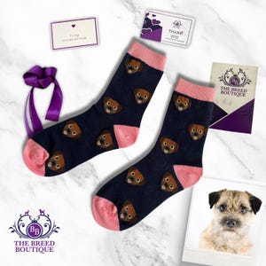 Border Terrier Socks: Navy Blue & Pink Cotton Blend, UK 4-7