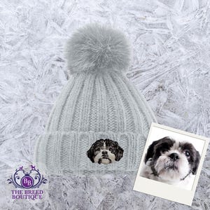 Black & White Shih Tzu Embroidered Pom Pom Beanie - Choice of 6 Colours - Shih Tzu Gift - Detachable Faux Fur Pom Pom One Size Fit Gift Box