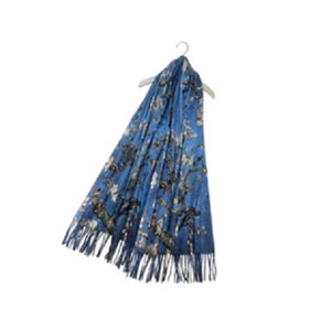 Van Gogh Almond Blossom Print Wool Scarf With Tassel Edge