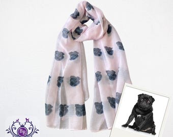 Black Pug Scarf - Pink Viscose Wrap for Women
