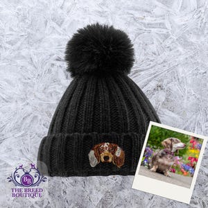 Embroidered Dapple Dachshund Pom Pom Beanie: Dog Lover Winter Hat with Gift Box