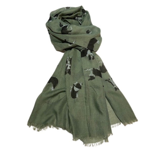 Border Collie Scarf available in Khaki and White Decorative Frayed Hem Border Collie Shawl Wrap