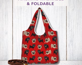 Pug Foldaway Shopping Bag Black and Fawn Pugs Reusable Dog Tote Washable Shopper Gift