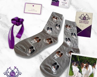 Papillon Dog Print Socks: Unisex Cotton Blend, One Size