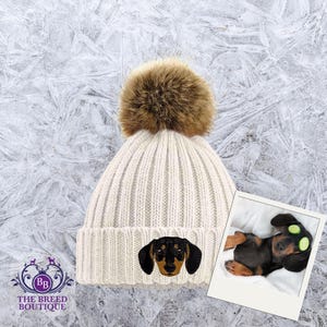 Embroidered Black & Tan Dachshund Pom Pom Beanie - Dog Lover Gift with Box