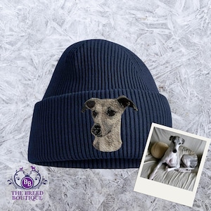 Handmade Embroidered Whippet Greyound Beanie – 100% Recycled Polyester, Unisex One Size Fit – 13 Colour Choices