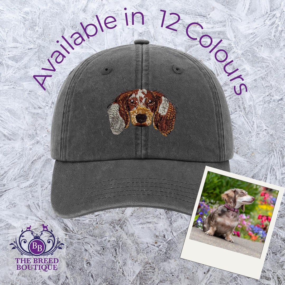 Embroidered Dapple Dachshund Baseball Cap: Long-haired Sausage Dog