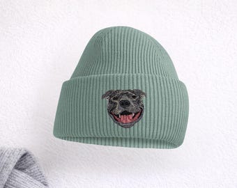 May include: A sage green ribbed knit beanie featuring an embroidered graphic of a smiling pit bull dog face with a pink tongue. The text UNISEX STYLE is printed in dark purple above the hat on a textured white background.
