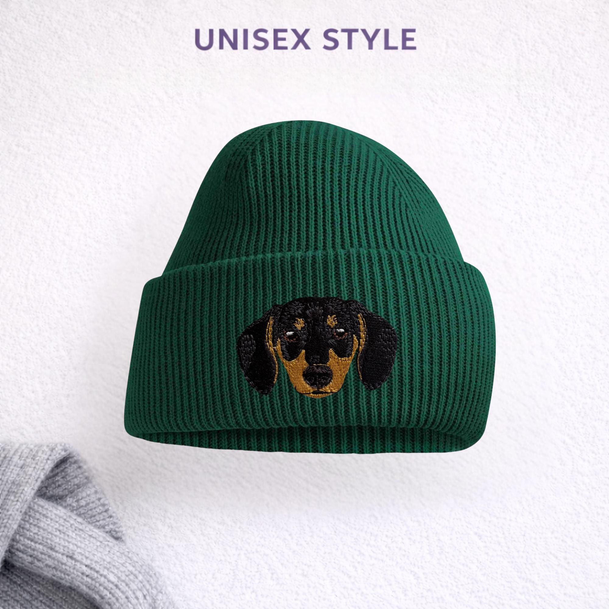ダックスフント ブラック＆タン 刺繍入りビーニー ユニセックス 犬好き