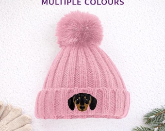 Dachshund Black & Tan Embroidered Pom Pom Beanie Hat - Dog Lover Gift with Box