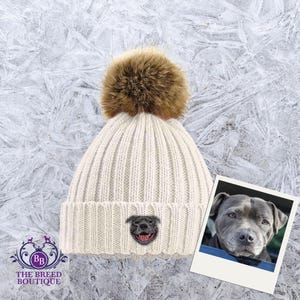 Blue Staffordshire Bull Terrier Beanie Embroidered Detachable Faux Fur Pom Pom Unisex Fit Choice of 6 Colours with Gift Box Staffie Gift