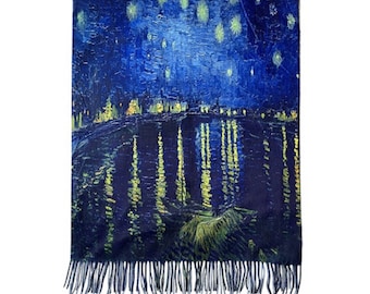 Van Gogh Starry Over The Rhone Print Wool Scarf With Tassel Edge