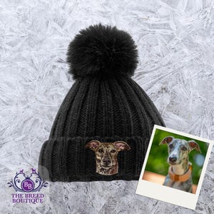 Brindle Whippet Pom Pom Beanie - Embroidered Dog Hat Gift- Gift Boxed