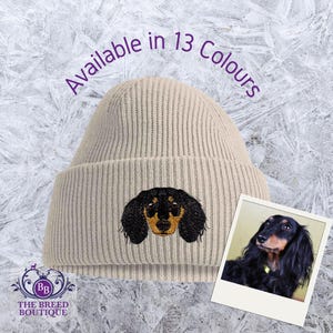 Embroidered Black & Tan Dachshund Beanie Recycled Polyester, Unisex, 13 Colours, Gift Box
