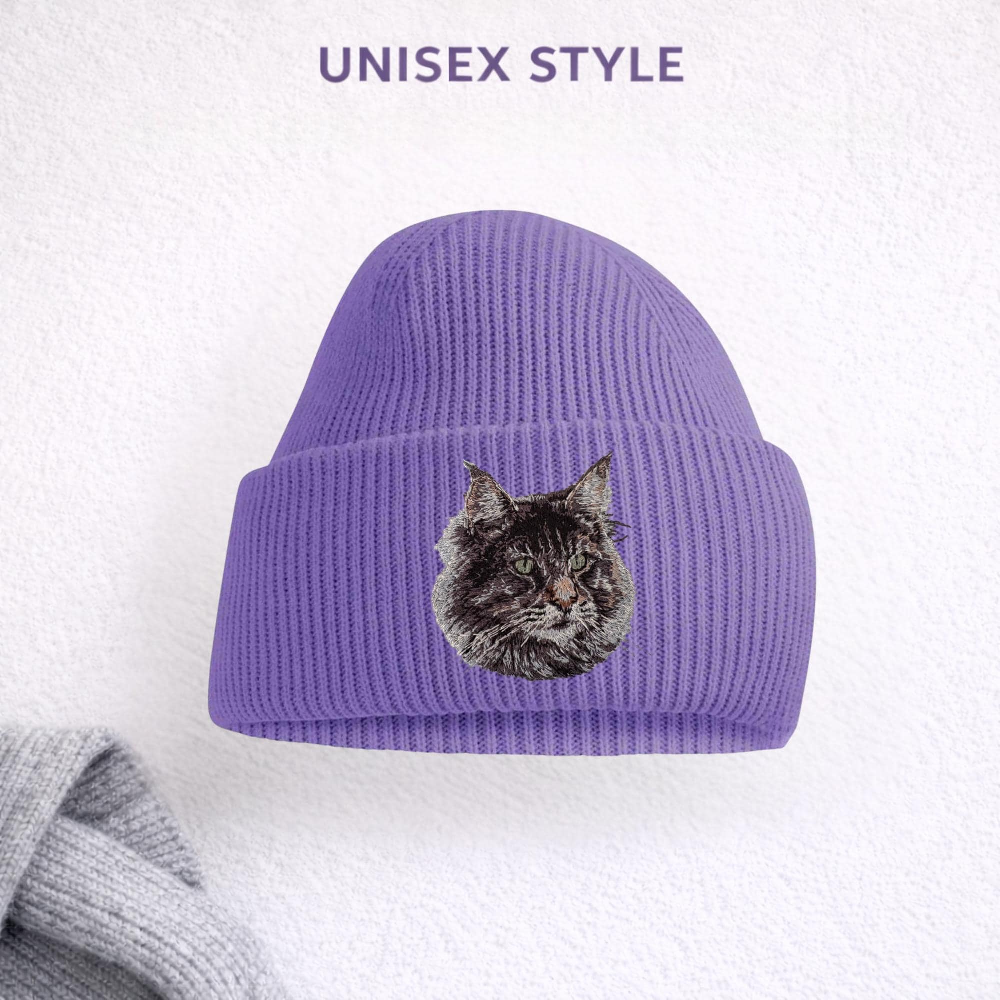 メインクーンキャット刺繍ビーニー ユニセックス 猫好き帽子 ギフト