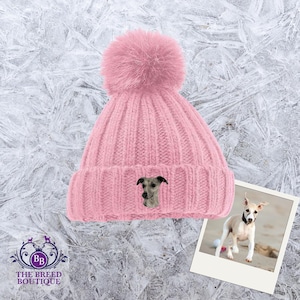 Whippet Greyhound Embroidered Beanie Unisex Fit – Available in 6 Colours - Detachable Faux Fur Pom Pom with Gift Box