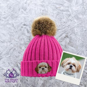 Gold & White Shih Tzu Embroidered Pom Pom Beanie - Choice of 6 Colours - Shih Tzu Gift - Detachable Faux Fur Pom Pom One Size Fit Gift Box