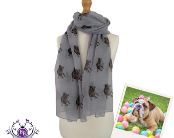 Bulldog Scarf English British Bulldog Print Ladies Shawl Wrap in Grey