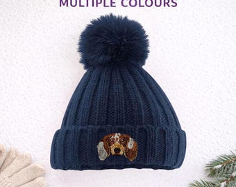Dachshund Embroidered Dapple Pom Pom Beanie: Dog Lover Winter Hat with Gift Box