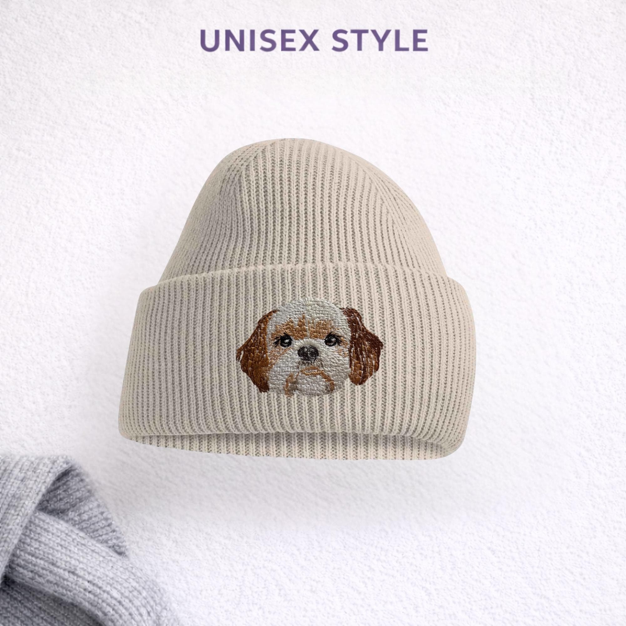 シーズーのゴールド＆ホワイト刺繍ビーニー、ユニセックス犬用帽子