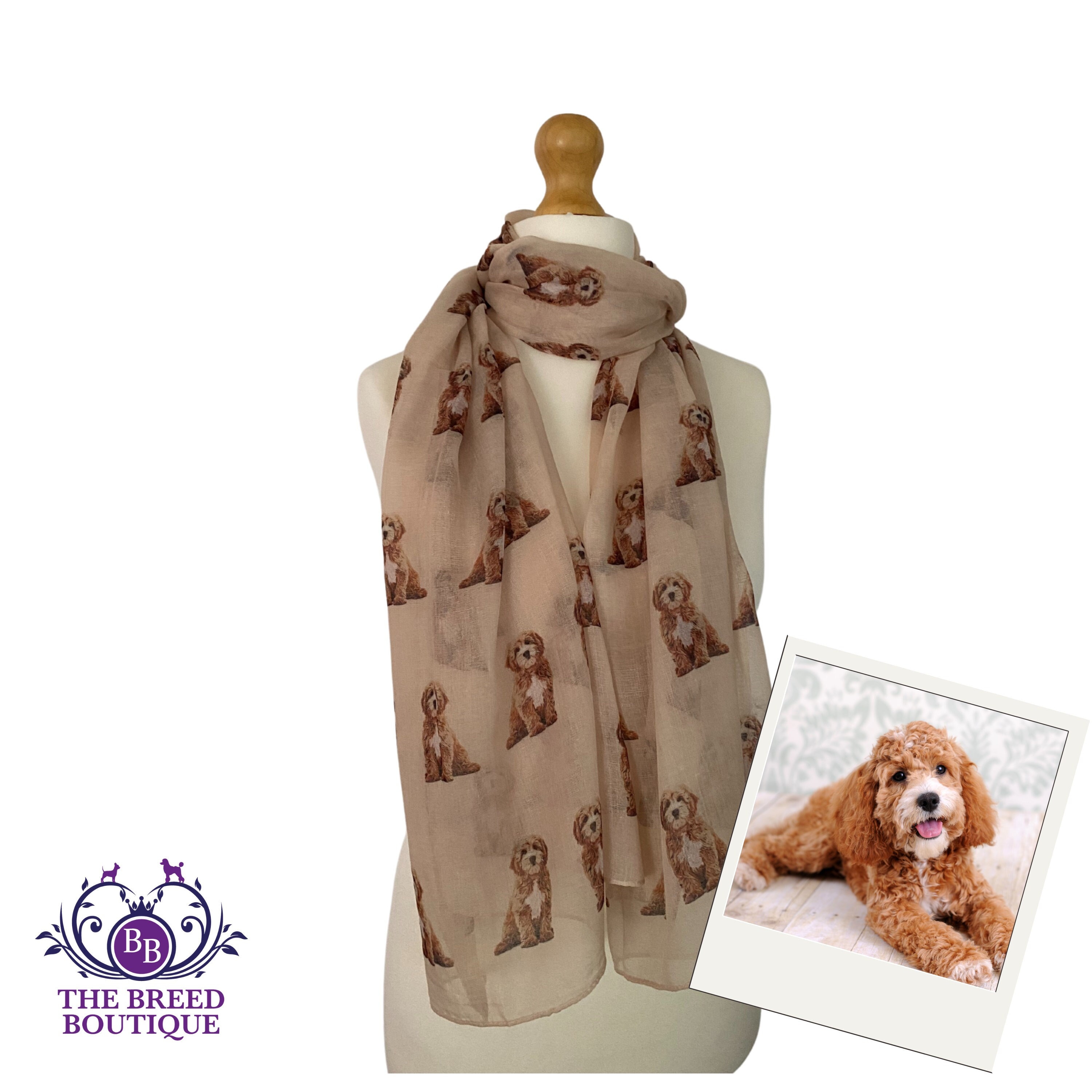 Cockapoo Scarf Dog Print Shawl Wrap Puppy Cockerpoo Cream and Grey