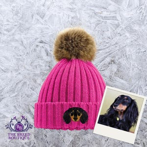 Embroidered Dachshund Pom Pom Beanie Black & Tan Sausage Dog Hat with Gift Box