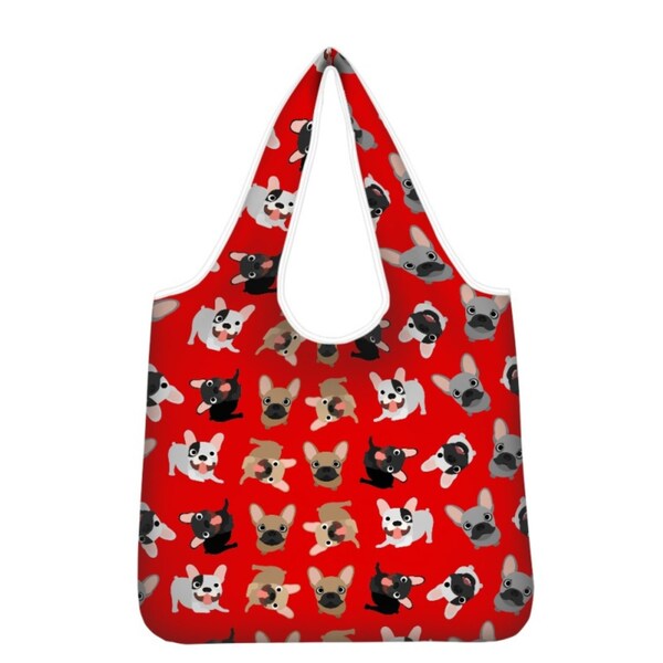 Sac de courses bouledogue français pliable, lavable et réutilisable, sac fourre-tout double face pour chien Frenchie