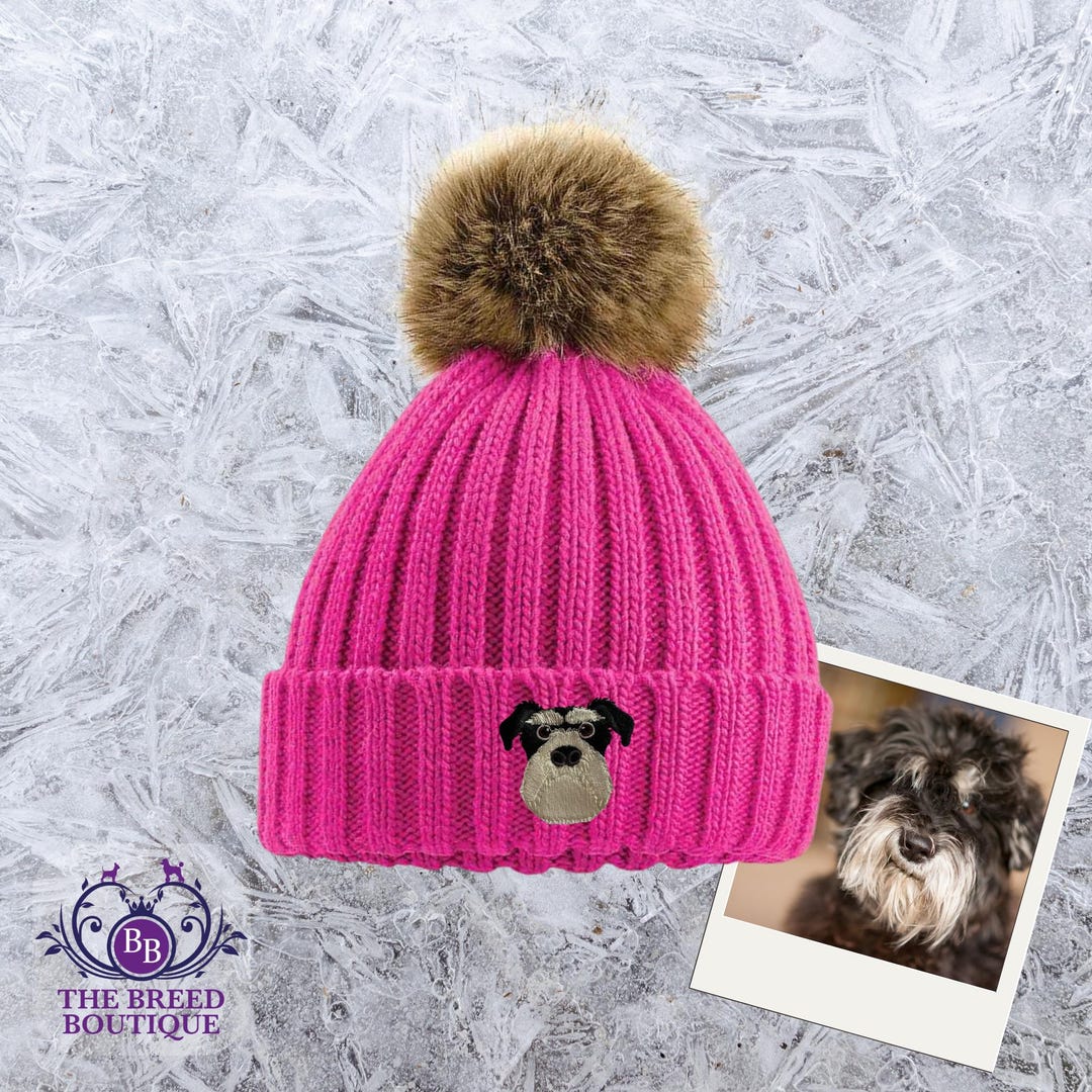 Black & Silver Schnauzer Embroidered Beanie With Faux Fur