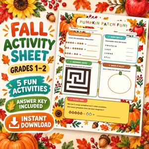Printable Activity sheet. Grades 1-2. Ages 6-8.  Digital download, print activity sheet. Fall themed for September fun