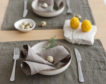 Olive Green Linen Placemats, Washed Eco Friendly Linen Place Mats, Softened Placemats