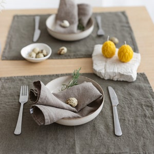 Olive Green Linen Placemats, Washed Eco Friendly Linen Place Mats, Softened Placemats