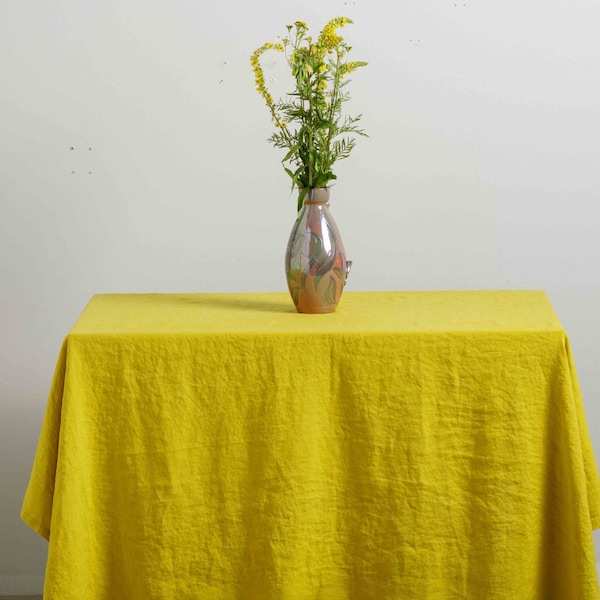 Yellow Linen Tablecloth, Softened Tablecloth, Chartreuse Tablecloth, Square Tablecloth Linen, Rectangle Tablecloth