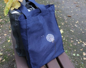 Mother's Day Gift, Linen Gift, Hand Embroidered Linen Tote Blue, Sustainable Shopping Bag, Linen Bag, Linen Market Bag