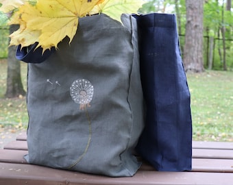 Embroidered Linen Tote Bag: Handmade Market Bag, Sustainable Gift