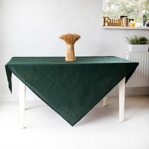 Forest Green Linen Tablecloth Small, Cozy Linen Tablecloth, Linen Table Decor