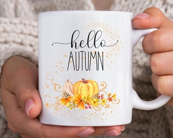Autumn Mug - Fall Decor Mug - Pumpkin Coaster - Hello Autumn Mug - Pumpkin Spice - Fall Lovers Mug -  Harvest Home Decoration - Autumn Gift