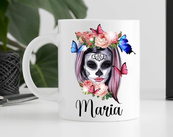 Taza de Calavera Personalizada - Taza de Café con Calavera - Taza de Calavera - Taza de Calavera de Azúcar - Calavera de Caramelo - Calavera de Flor - Día de los Muertos