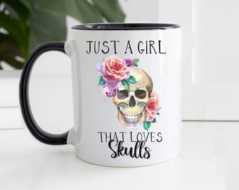 Taza de calavera - Taza de café de calavera - Taza de calavera - Taza de calavera con flores - Regalo para ella