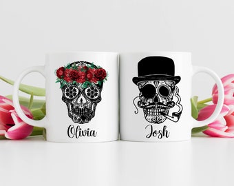 Taza de café con calavera - Tazas personalizadas para parejas - Taza con calavera de azúcar - Taza con calavera de caramelo - Taza con calavera de flores - Taza del Día de los Muertos