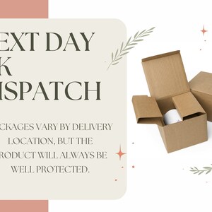 Puede incluir: Cajas de cart&oacute;n abiertas, una con un producto dentro, sobre un fondo blanco. El texto a la izquierda dice "NEXT DAY UK DISPATCH" y "PACKAGES VARY BY DELIVERY LOCATION, BUT THE PRODUCT WILL ALWAYS BE WELL PROTECTED."