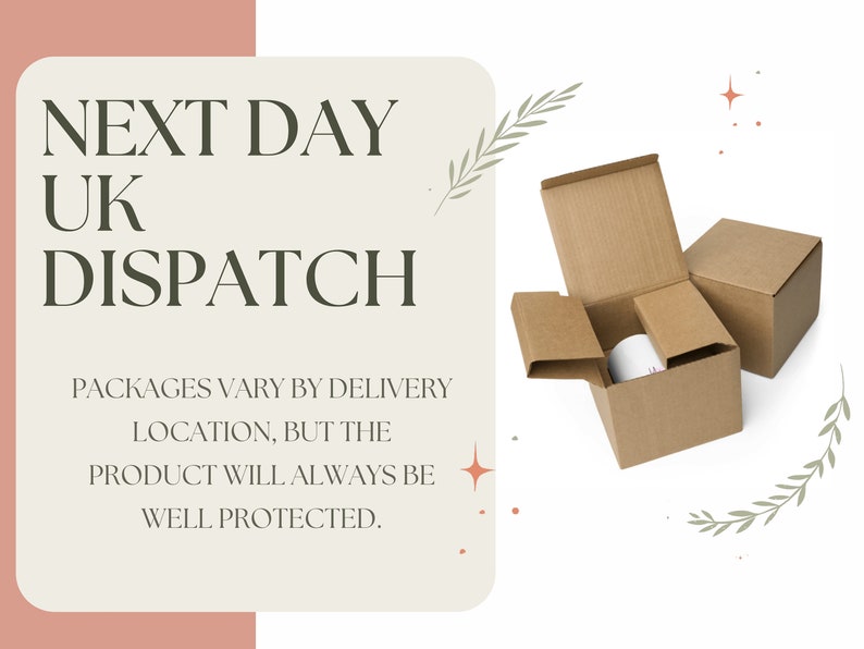 Puede incluir: Una caja de cart&oacute;n marr&oacute;n con un art&iacute;culo blanco en su interior. La caja est&aacute; abierta y la tapa est&aacute; levantada. El texto "NEXT DAY UK DISPATCH" est&aacute; sobre un fondo blanco con un borde rosa. El texto debajo dice "PACKAGES VARY BY DELIVERY LOCATION, BUT THE PRODUCT WILL ALWAYS BE WELL PROTECTED."