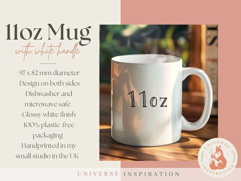 Puede incluir: Taza blanca de 11 oz con asa blanca. La taza tiene un acabado blanco brillante y es apta para lavavajillas y microondas. La taza tiene 9,7 x 8,2 cm de di&aacute;metro y tiene un dise&ntilde;o en ambos lados. El texto "11oz" est&aacute; impreso en la taza.