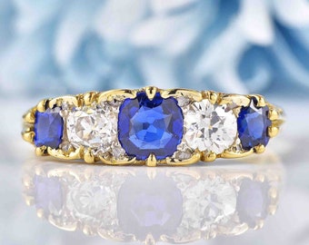 Victorian Sapphire & Diamond 18ct Gold Five Stone Ring