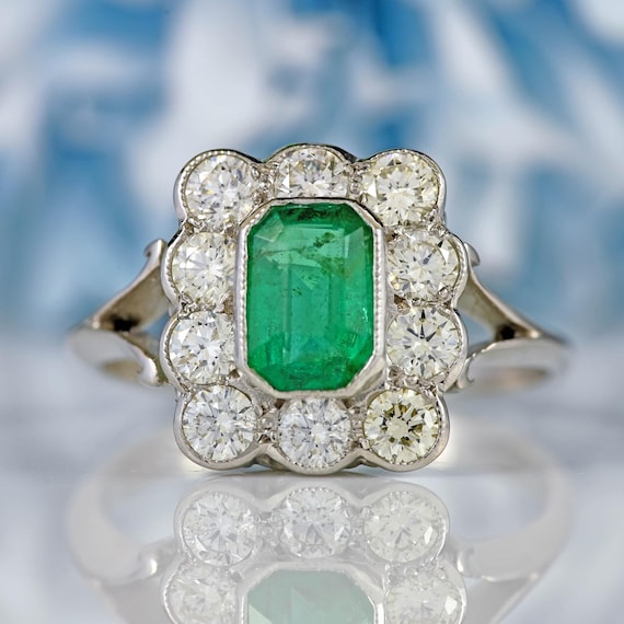 Emerald & Diamond Platinum Rectangular Cluster Ri… - image 1