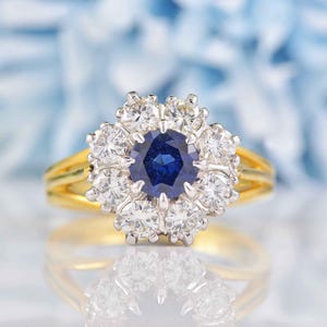 Vintage Blue Sapphire & Diamond 18ct Gold Halo Cluster Ring